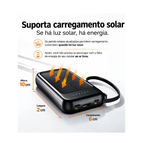 Power Bank Solar 10000mAh Portátil 4 Cabos Carregador Rápido LED