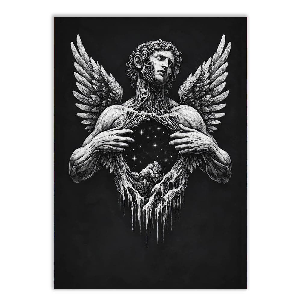 Placa Quadro Decorativo Anjo Escultura Peito Galáxia Arte Surreal Preto e Branco Estilo Dark Escritório Quadro Decorativ
