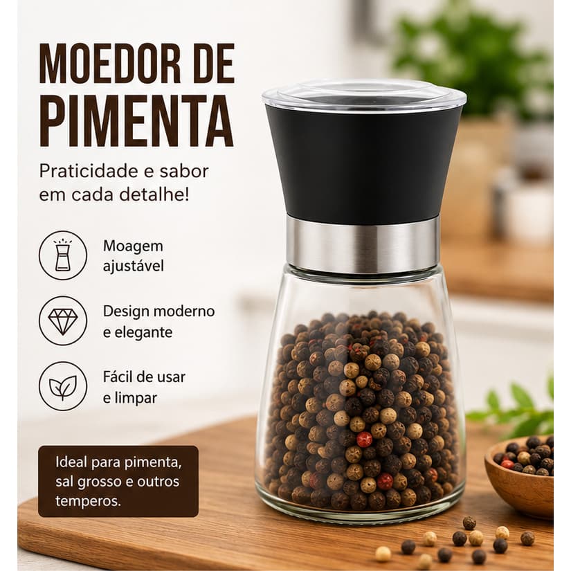 Moedor de Sal Pimenta e Temperos em Vidro 13 cm com Tampa Plástica Capacidade 170g