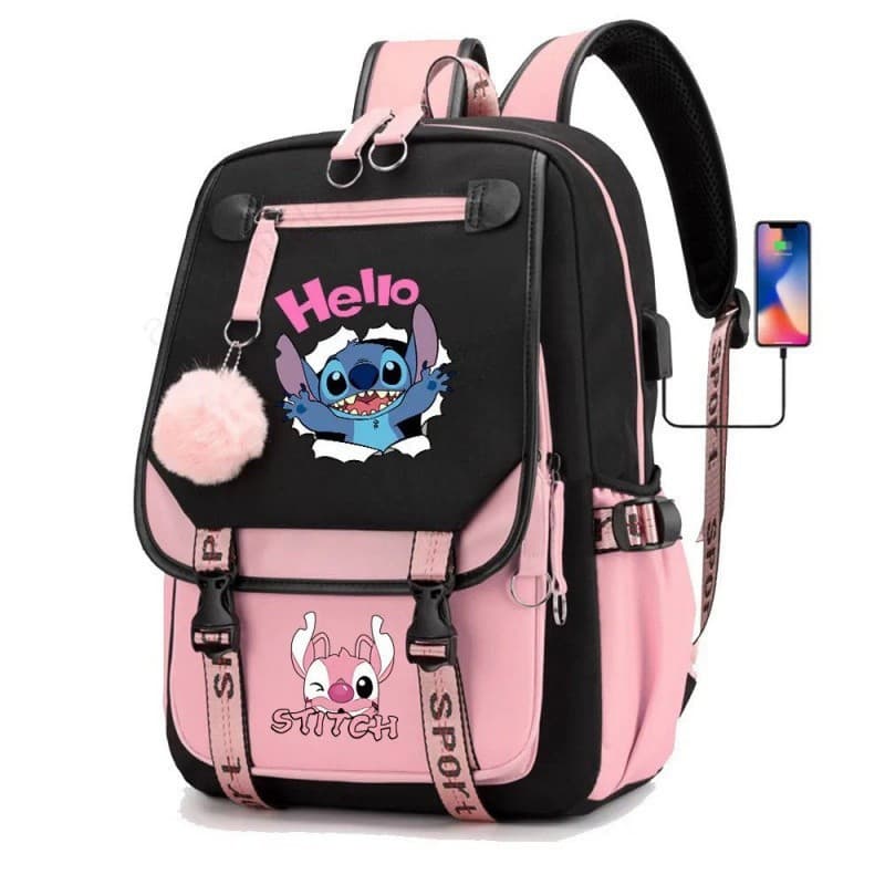 Mochila Disney Stitch para Meninos e Meninas, Mochila Feminina, Mochila USB para Adolescentes, Mochila de Lona para Lapt