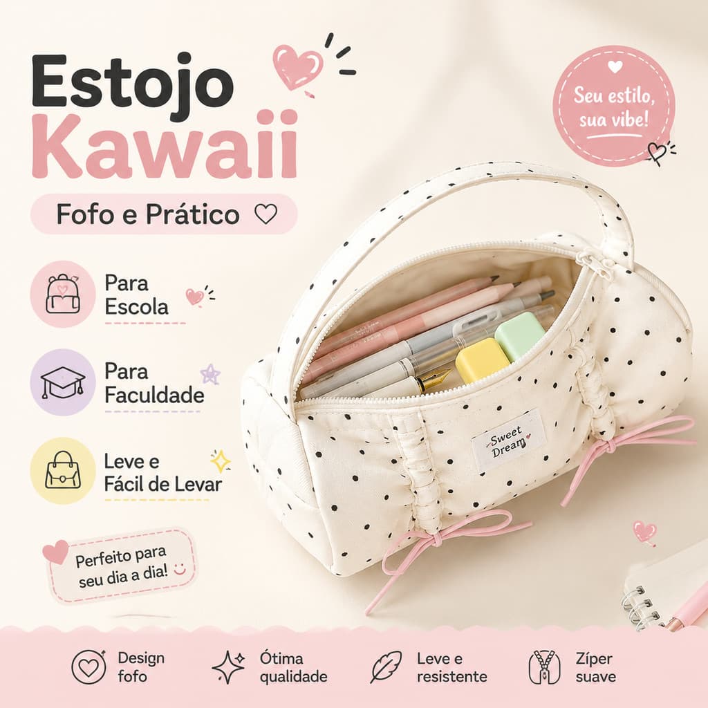 Estojo Escolar Kawaii Fofo Grande Capacidade Zíper Material Escolar Feminino Meninas Porta Maquiagem Presente Volta Aula