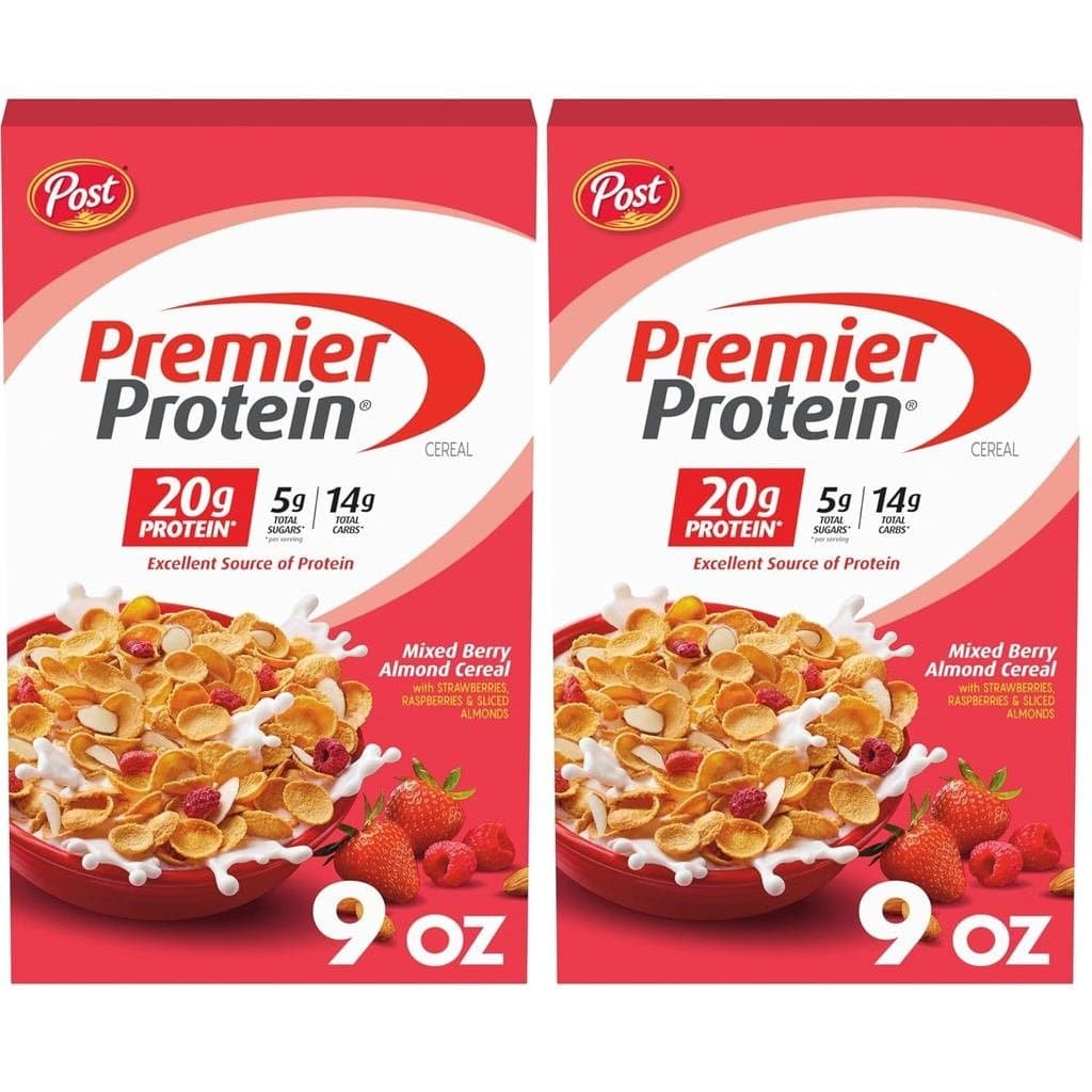 Cereal Post Premier Protein Mixed Berry Almond, cereal rico em proteínas, café da manhã ou lanche rico em proteínas feit
