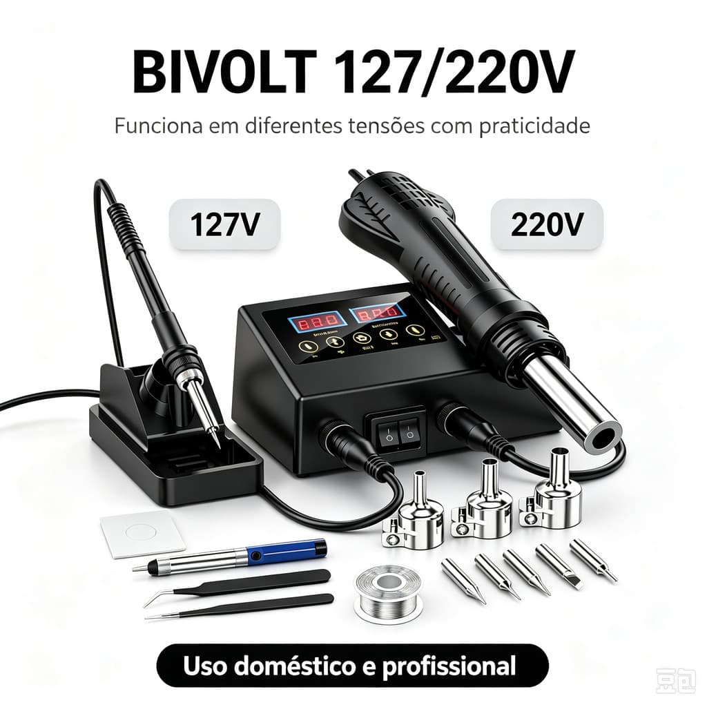 Estação de Soldagem 2 em 1 Modelo 8898 Bivolt 127/220V 600W Tela Dupla 9 Acessórios Reparo PCB