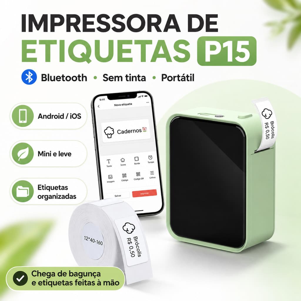 Impressora Etiquetas P15 Bluetooth Portátil | Sem Tinta p/ Casa e Escritório | Organizador Inteligente