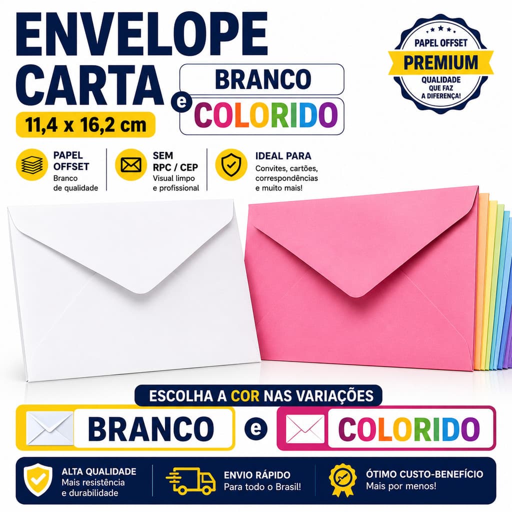 Envelope Carta 11,4x16,2 Branco e Colorido Sem RPC CEP Papel Offset