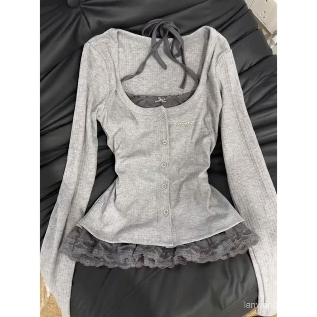 Camiseta Feminina Y2K com Apliques de Renda e Mangas Longas, Design Modelador, Tamanho Plus NLAJ