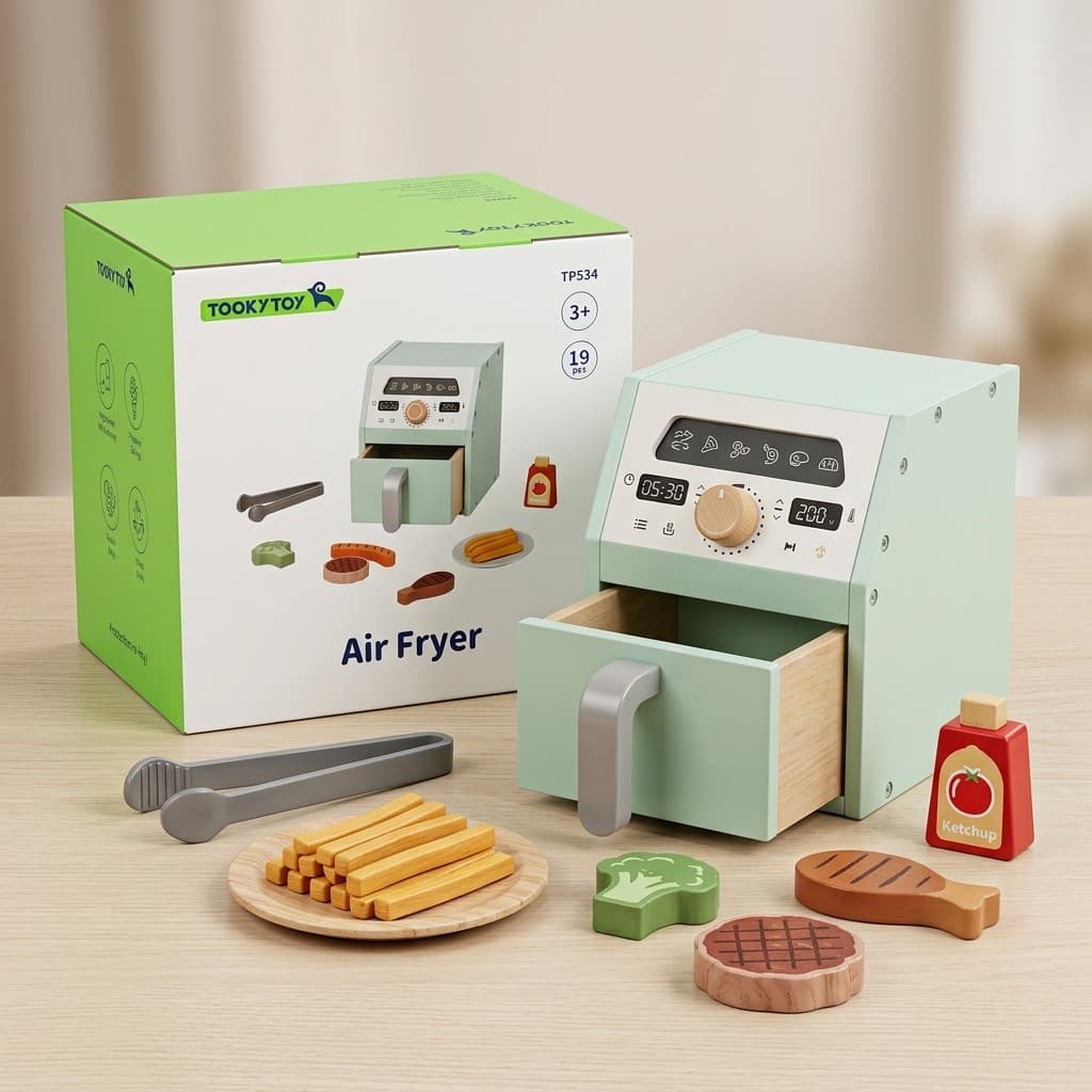 Brinquedo Infantil Air Fryer Madeira Cozinha Faz De Conta