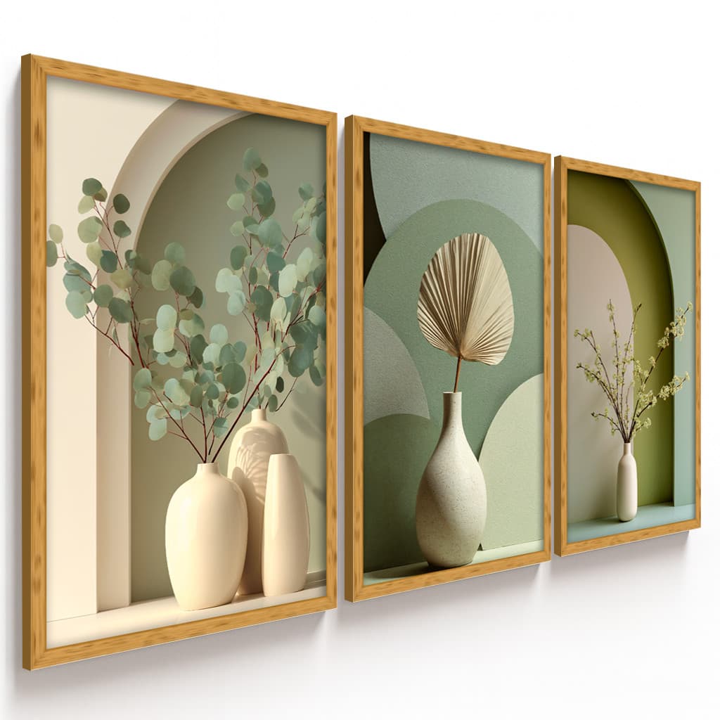 Quadro Decorativo 3 Peças Folhagem Verde Minimalista com Vasos e Arcos Luxo Moderno