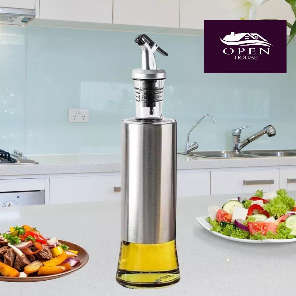 Galheteiro Porta Azeite e Vinagre 500ml Dosador Antigotejamento, Vidro Premium + Aço Inox Gourmet