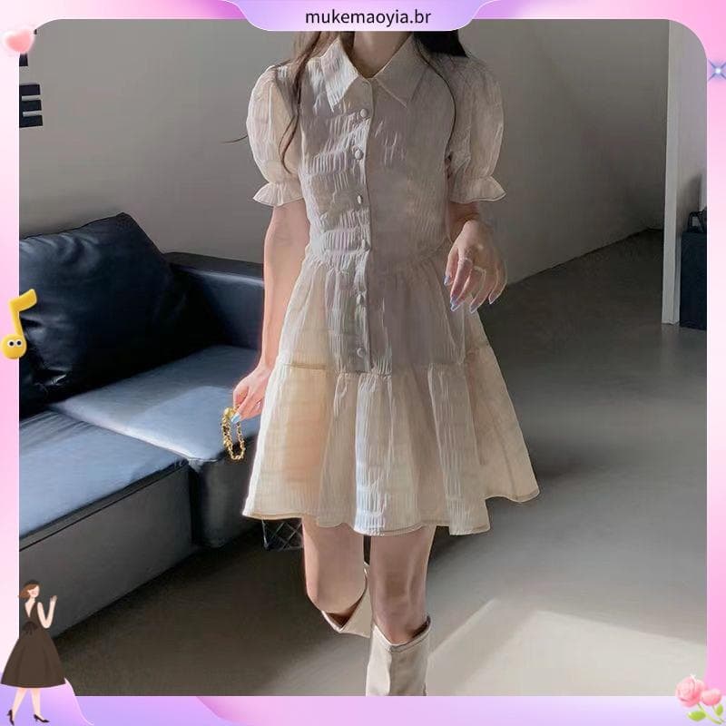Estilo francês Puff manga polo vestido feminino 2022 novo estilo pequeno alto mais magro olhar doce estilo picante Chiff