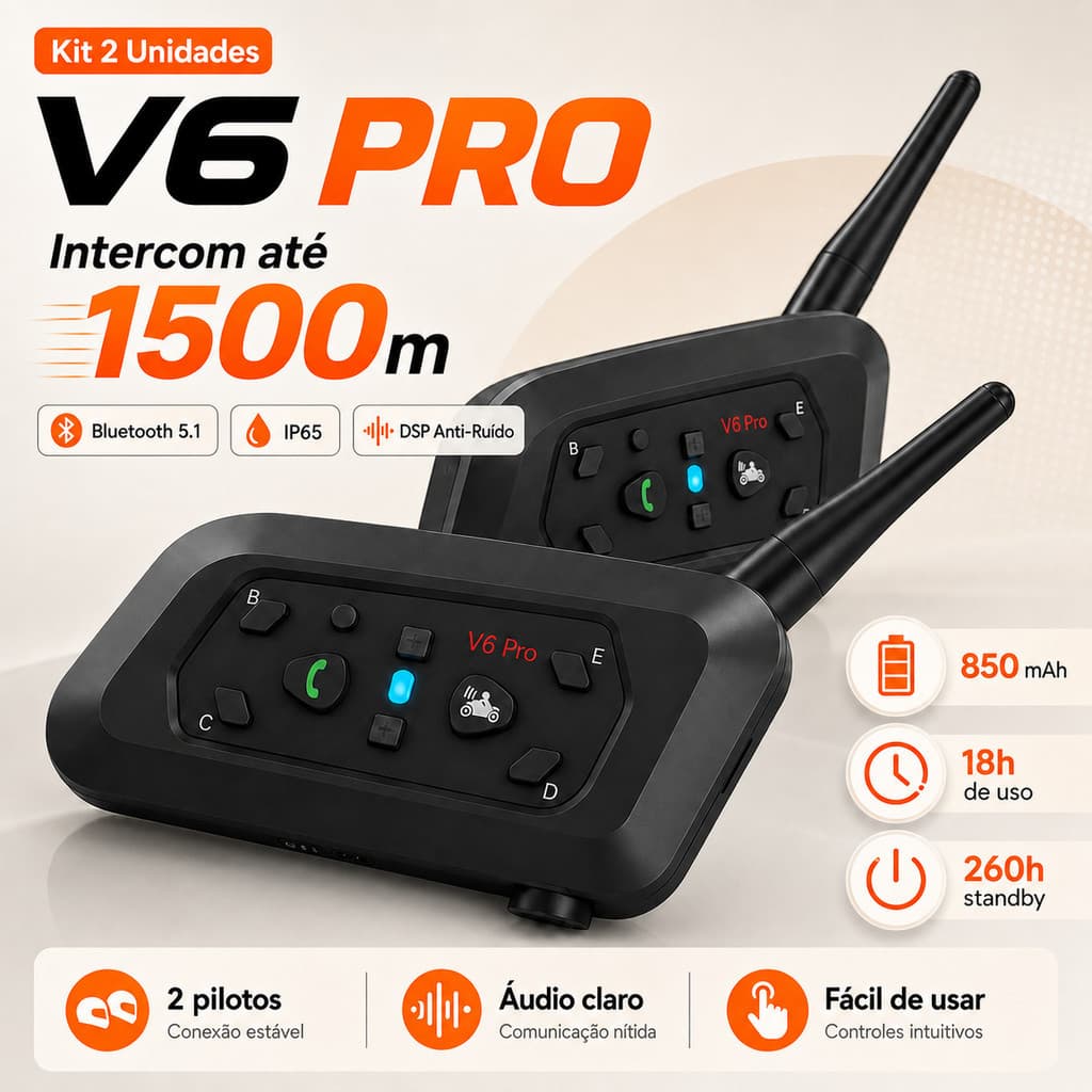 Kit 2 Intercomunicador Bluetooth Capacete Moto V6 Plus 6 Usuários 800m IP67 USB-C Longa Duração