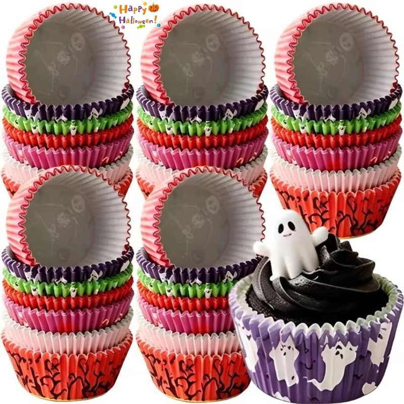 [Decoração De Halloween] Forros De Cupcake-Tigela De Muffin À Prova De Óleo-Copo De Papel Com Padrão Fantasma-Bandeja DI