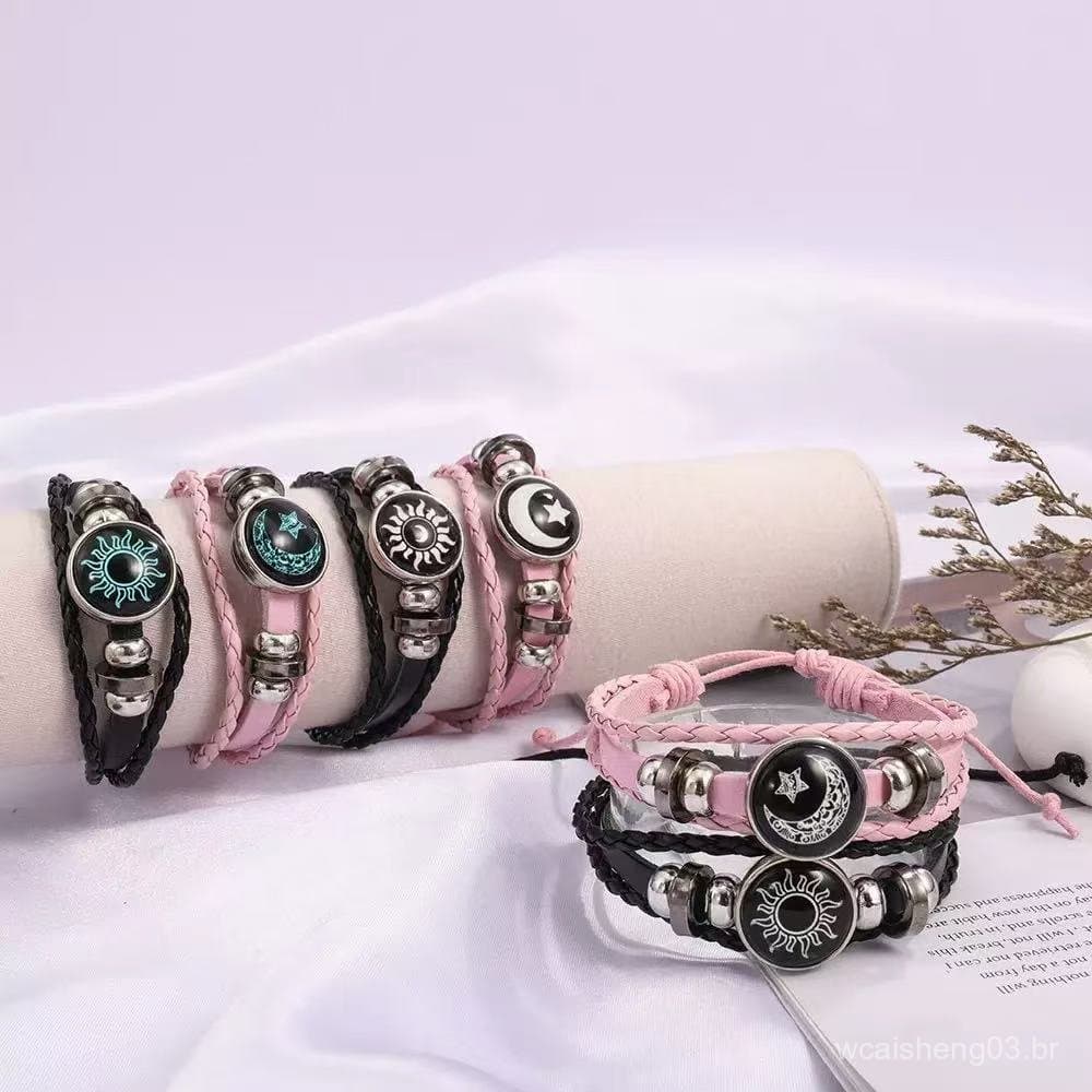 Pulseira de couro trançada com pedra da lua luminosa, joia para casal com efeito luminoso