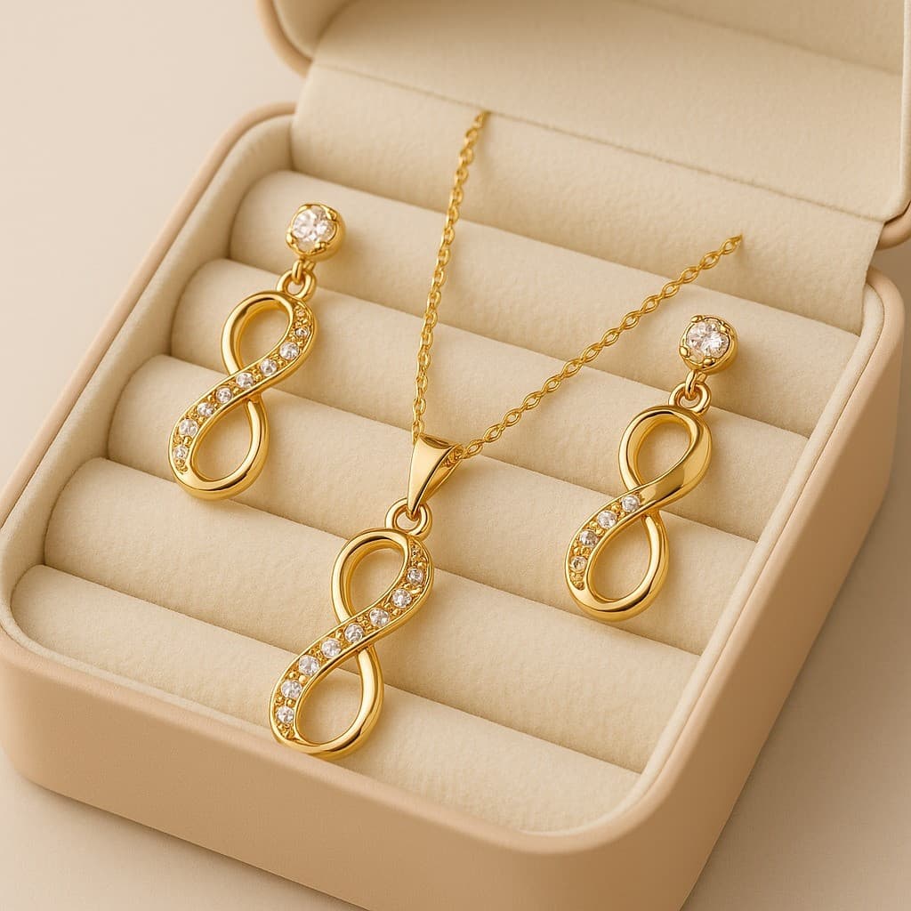Kit Colar + Brinco Infinito Strass  Folheado a Ouro E Prata