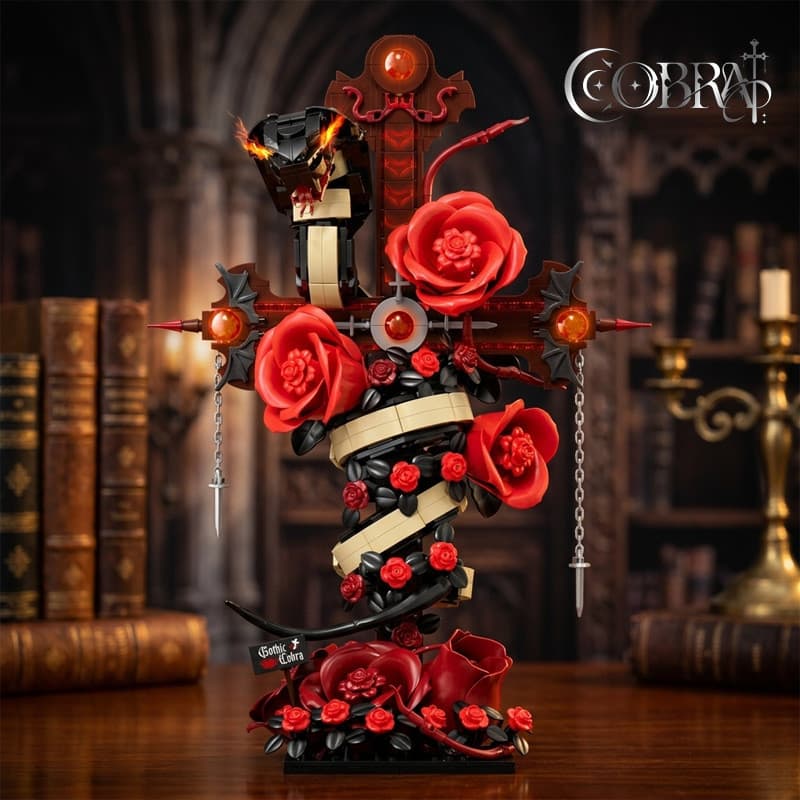 Blocos de Montar Suporte de Flores Cobra Cross Modelo de Montagem de Halloween Blocos de Montar Flor Rosa Presente Criat