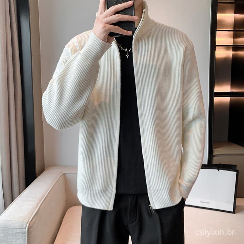 Bonita jaqueta masculina de malha para outono e inverno, versão coreana, estilo levemente maduro, peça elegante, cardigã