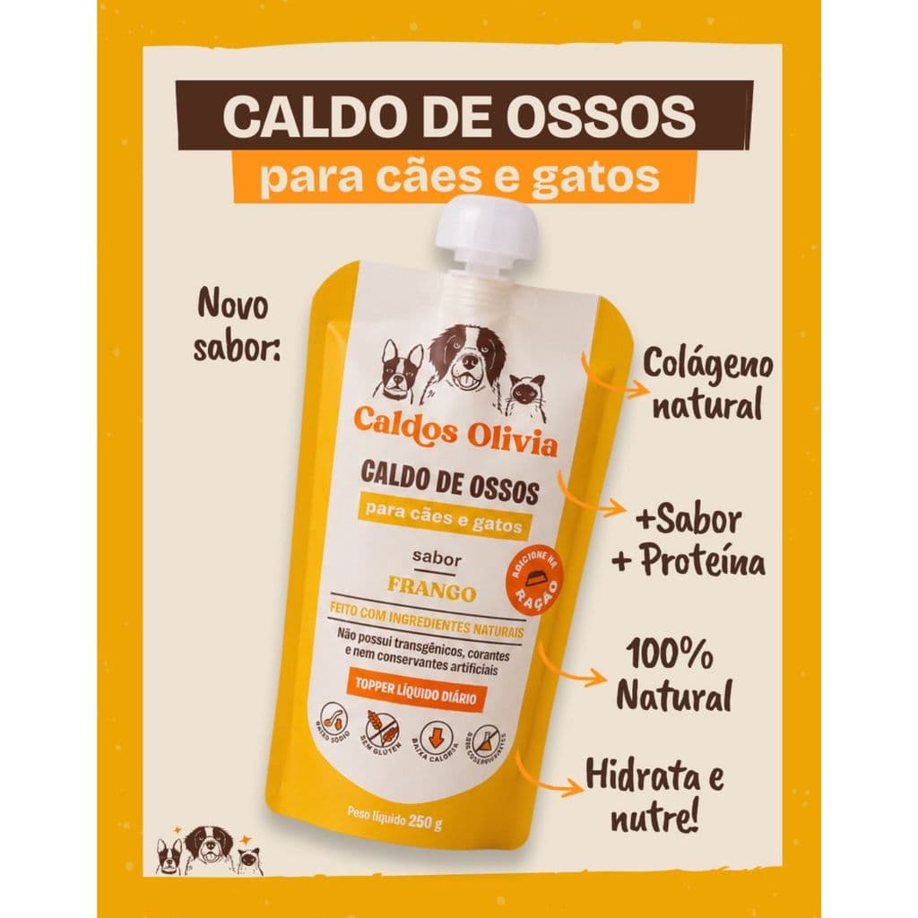 Caldo De Ossos Para Cães Gatos Olivia Pet Sabor Frango 250g Suplemento Natural