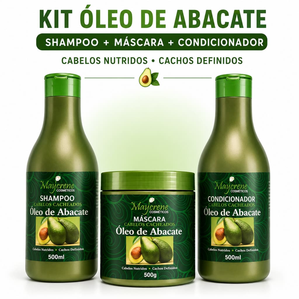 Kit Maycrene Óleo de Abacate para Cabelos Cacheados, Shampoo e Condicionador 500ml + Máscara 500g