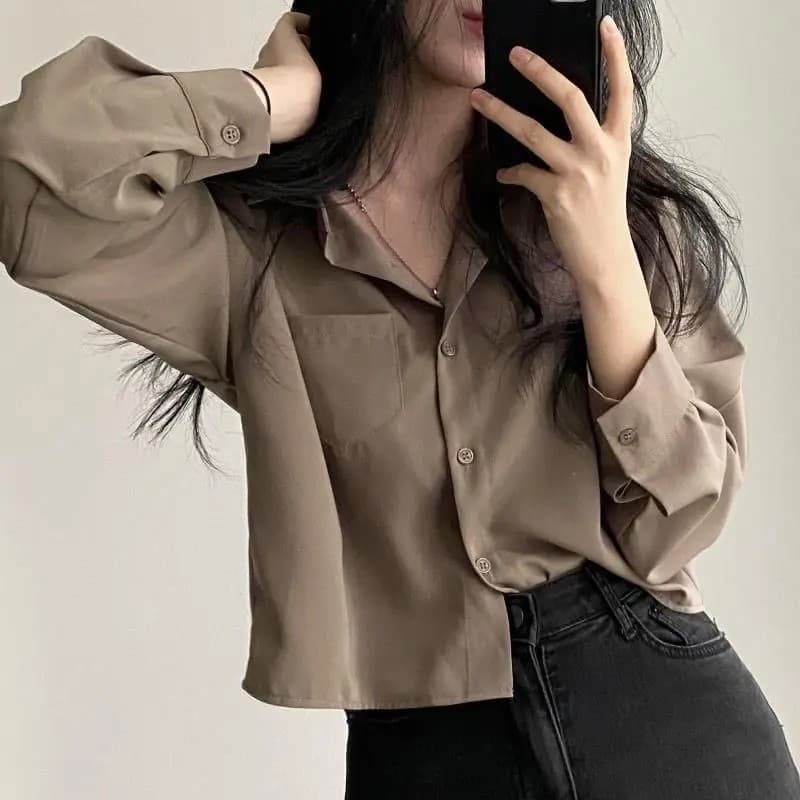 Camisa e Blusa Simples de Manga Longa, Solta, Casual, Lisa, de Botões Simples, Top Curto Elegante para Escritório, Roupa