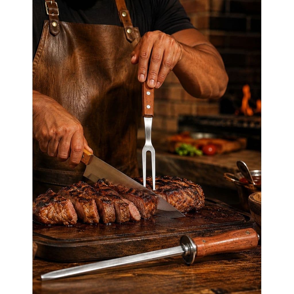 Kit Churrasco Faca Chaira e Garfo Inox com Cabo de Madeira Profissional para Churrasco e Acougue GP6