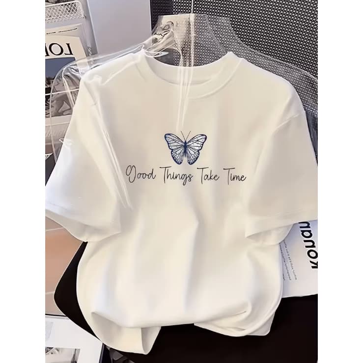 Camiseta Feminina Good Things Take Time Borboleta Estampada 100% Algodão Casual Premium