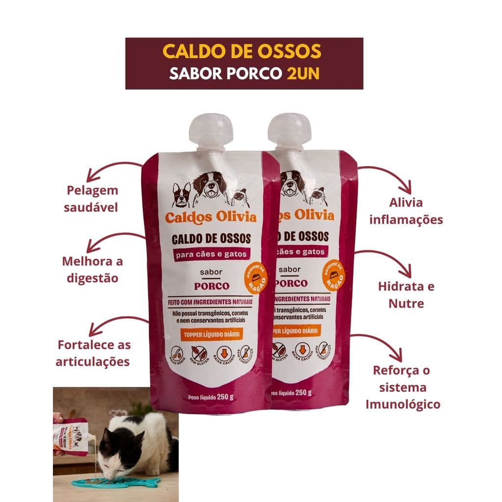 Kit 2un Caldo de Ossos Olivia Para Cães Gatos Sabor Suíno Suplemento Natural Pet