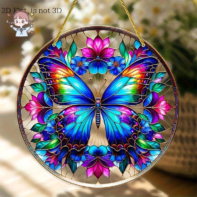 Coletor De Sol Acrílico Redondo Com Flor De Borboleta Colorida , Ornamento De Suspensão De Janela Estilo Vitral Para Dec