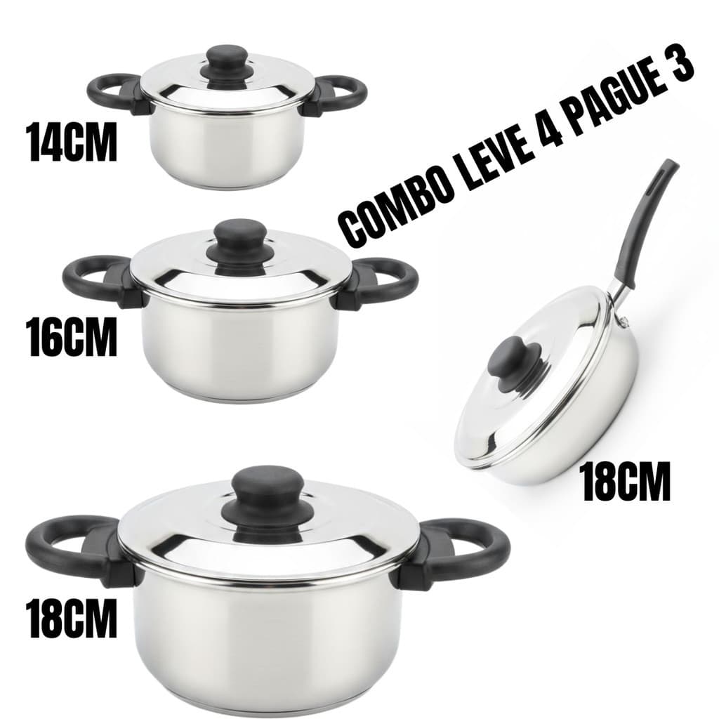 Combo Especial  Cozinha; Conjuntu 3Caçarolas 14/16/18 e Frigideira em Aluminio Polido os tamanhos mais utilizados no dia
