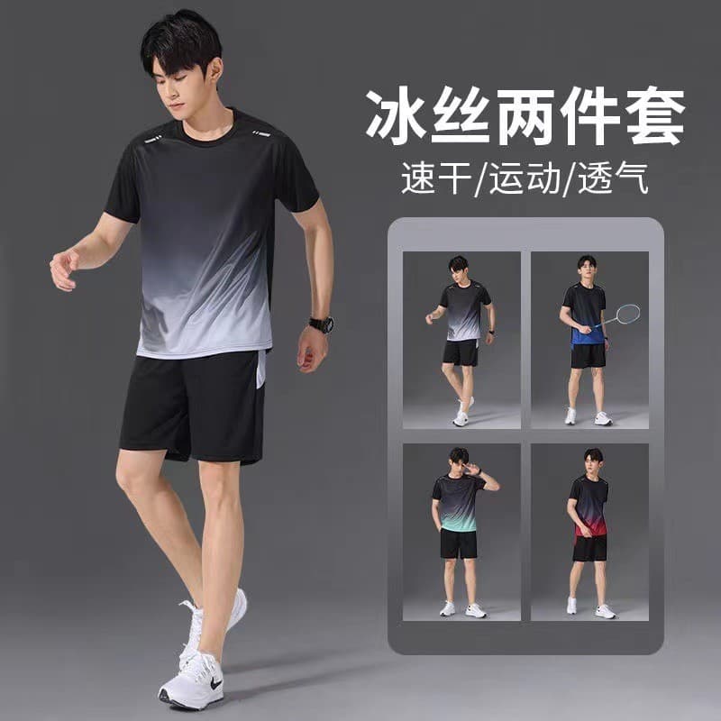 [Estoque pronto] Roupas de Fitness masculinas de seda gelada de secagem rápida terno esportivo verão camiseta de manga c