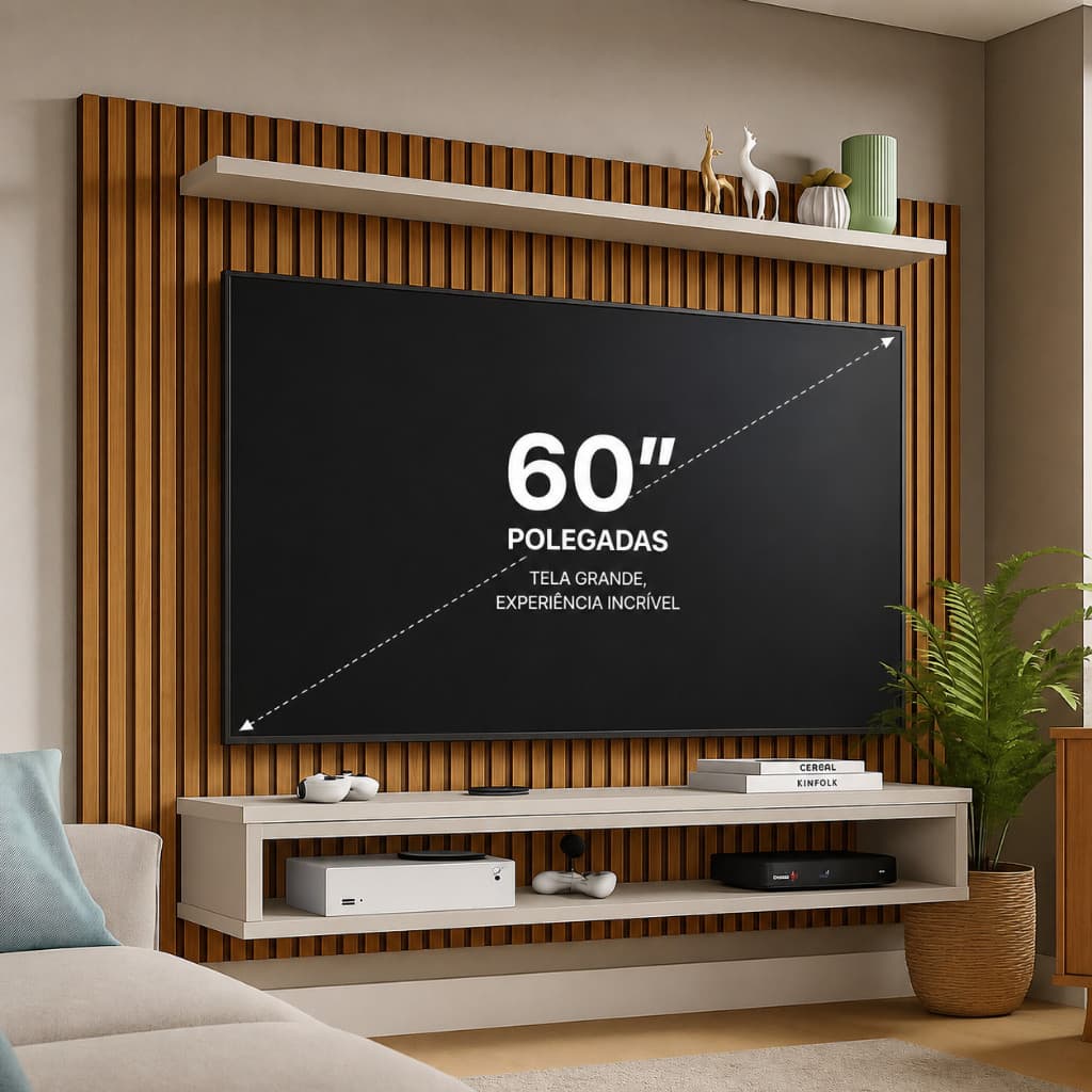 Painel para TVs Até 60 Polegadas Nairobi 140 cm Ripado 3D - Prateleira e Nicho Amplo para Sala
