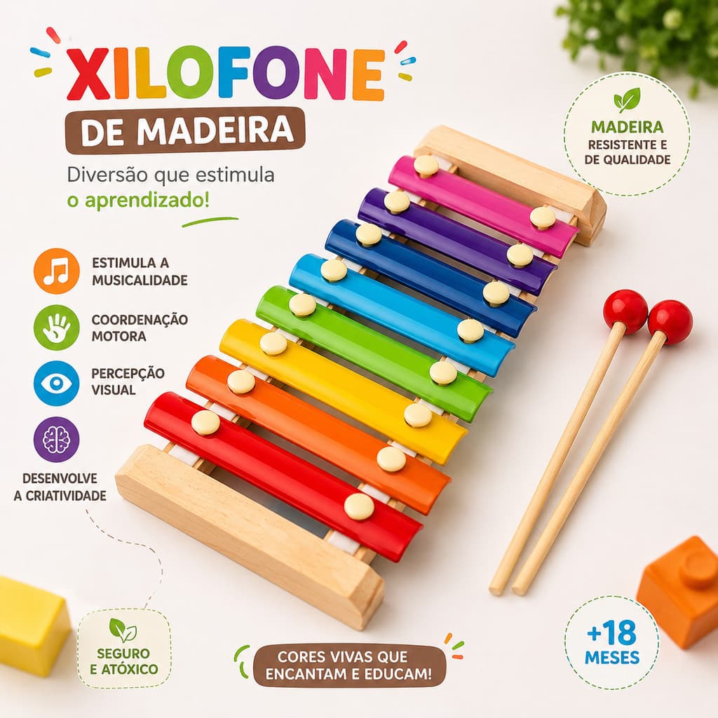 Brinquedo Infantil Xilofone Musical Madeira Instrumento