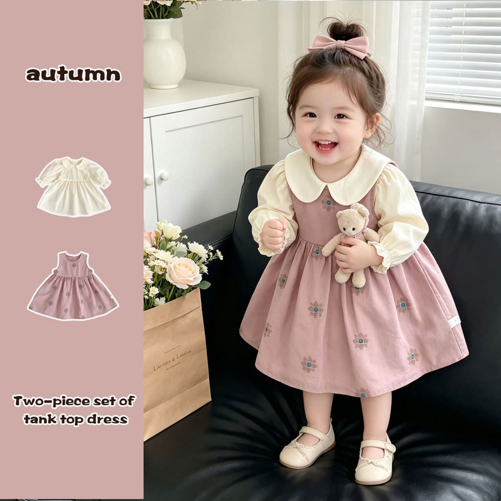Novo bebê menina vestido de manga comprida terno outono menina estilo coreano flor colete A linha saia terno de duas peç