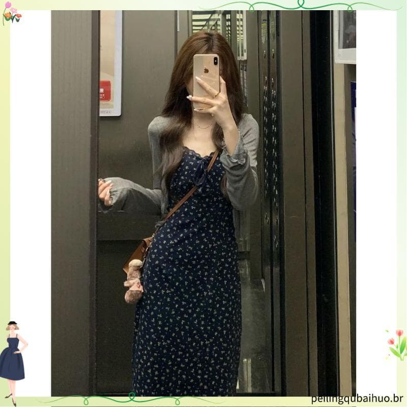 Verão 2025 novo estilo azul marinho Floral estilingue vestido pequeno fino-ajuste mais magro olhar linda saia longa tern
