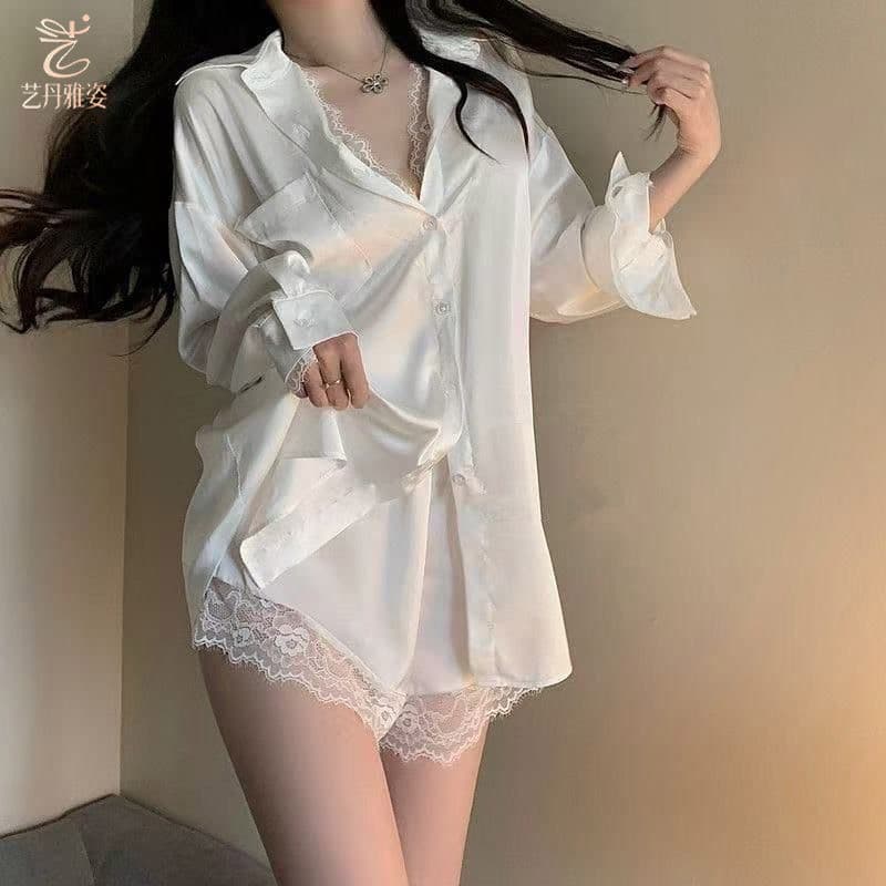 Pijama de seda gelada feminino sensação 2026 namorado camisa renda cetim Shorts camisa branca pijama