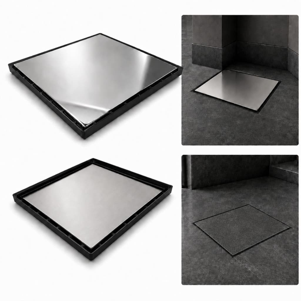 Ralo Oculto Inox 30x30 com Coletor Preto Saídas 75mm 100mm e 150mm com Tela