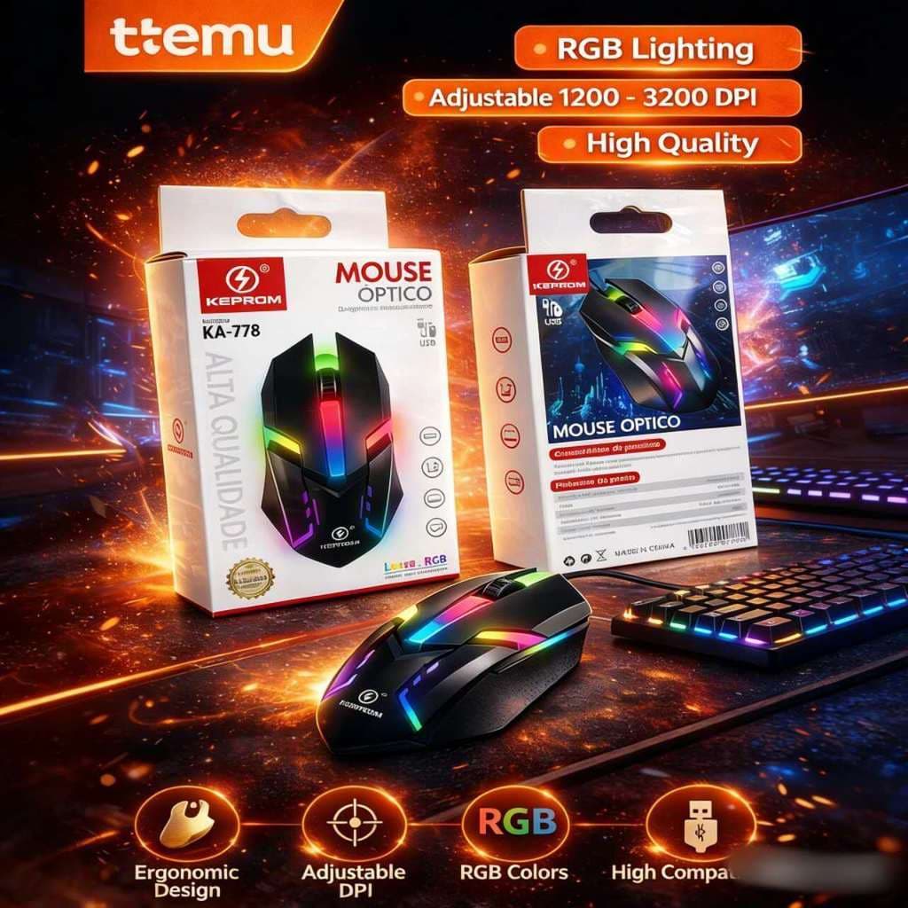 Mouse Gamer RGB com Fio, DPI e Iluminação