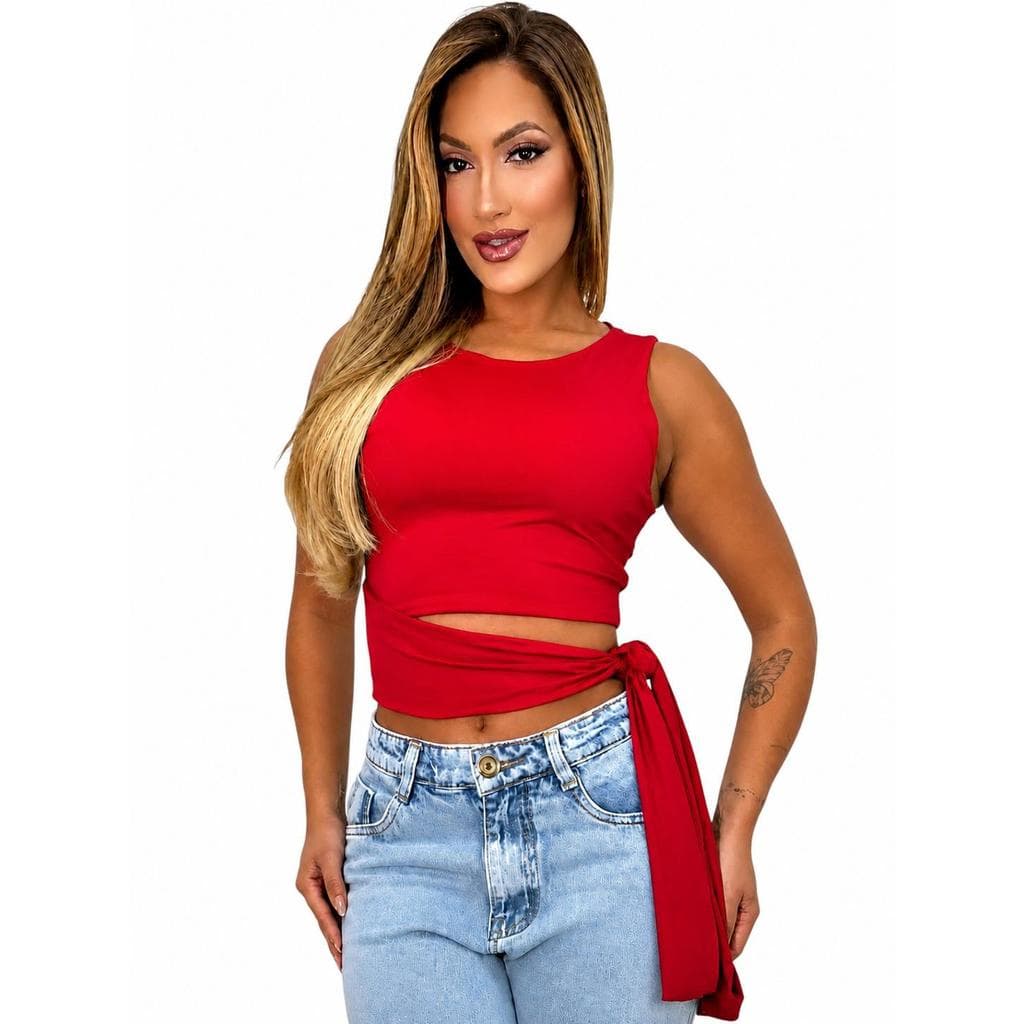 Cropped Slim Feminino Suplex Premium Regata com Amarração Plus Size Lateral Moda Gringa Atacado M-G ao G1-G2 38 - 52 594