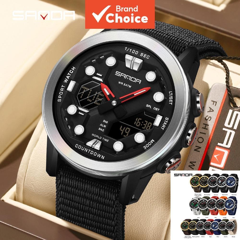 Relógio Masculino SANDA Original, Esportivo, Quartzo Digital com LED, Cronômetro de Luxo, À Prova D'Água, 3392