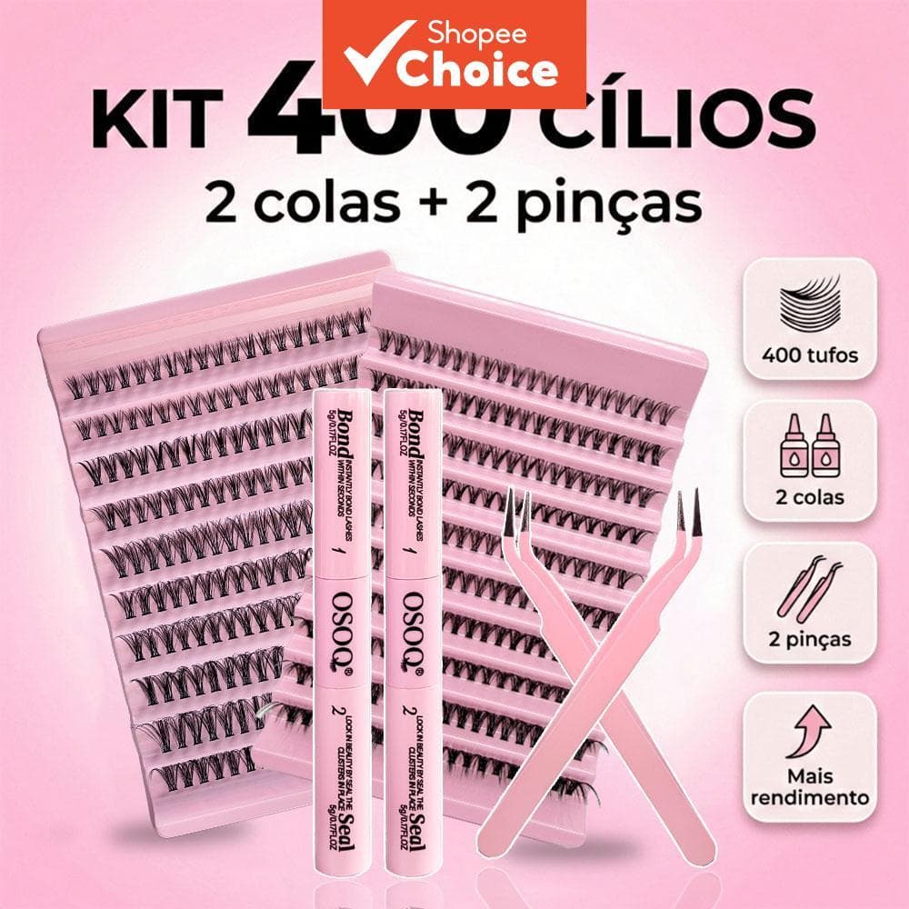 Kit de extensão de cílios (cílios postiços em tufos, cílios postiços) + cola para extensão + pinça, 30-40D, efeito