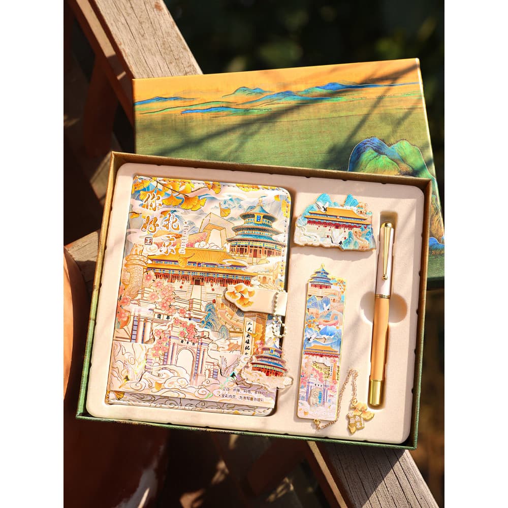 Conjunto de caixa de presente manual de paisagem da cidade Harover Notebook Bloco de notas de estudante Caneta de assina