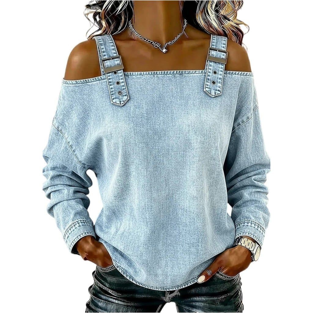 Blusa de Denim Feminina, Alça de Ombro com Laço Simples, Top de Manga Longa Off-Shoulder, Camisa Elegante e HPJQ