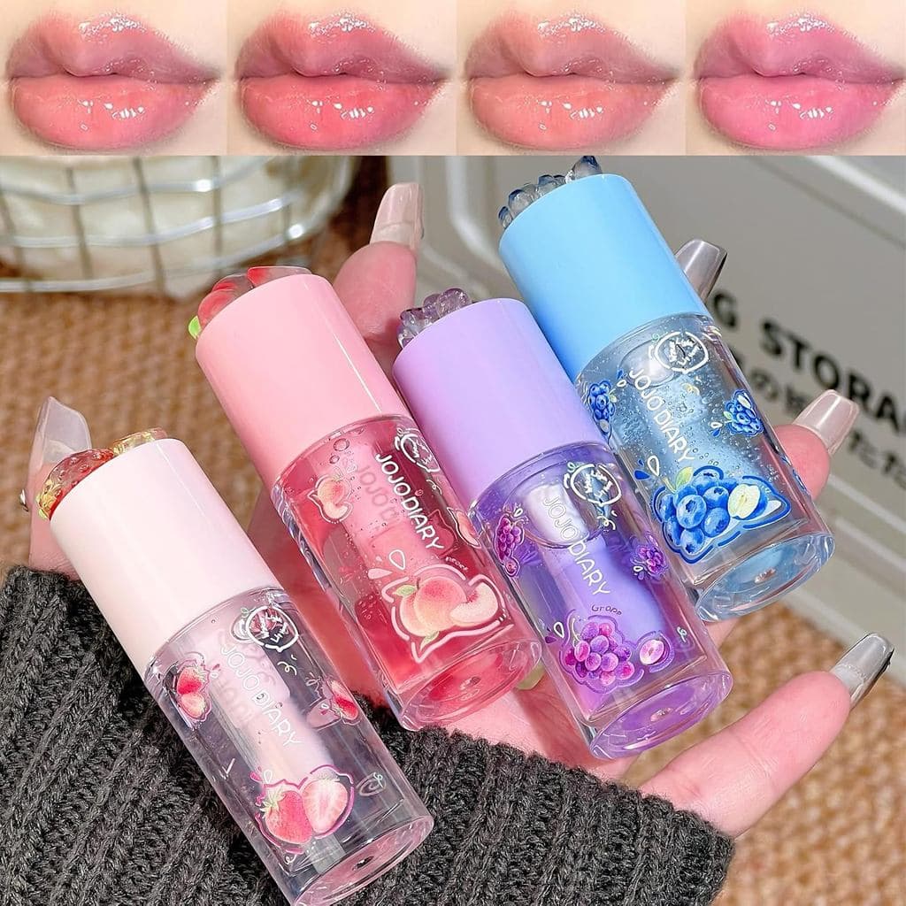 4 Peças de Óleo Hidratante para Lábios, Conjunto de Brilho Labial Frutado, Brilho Labial Fofo para Mulheres, Brilho Labi