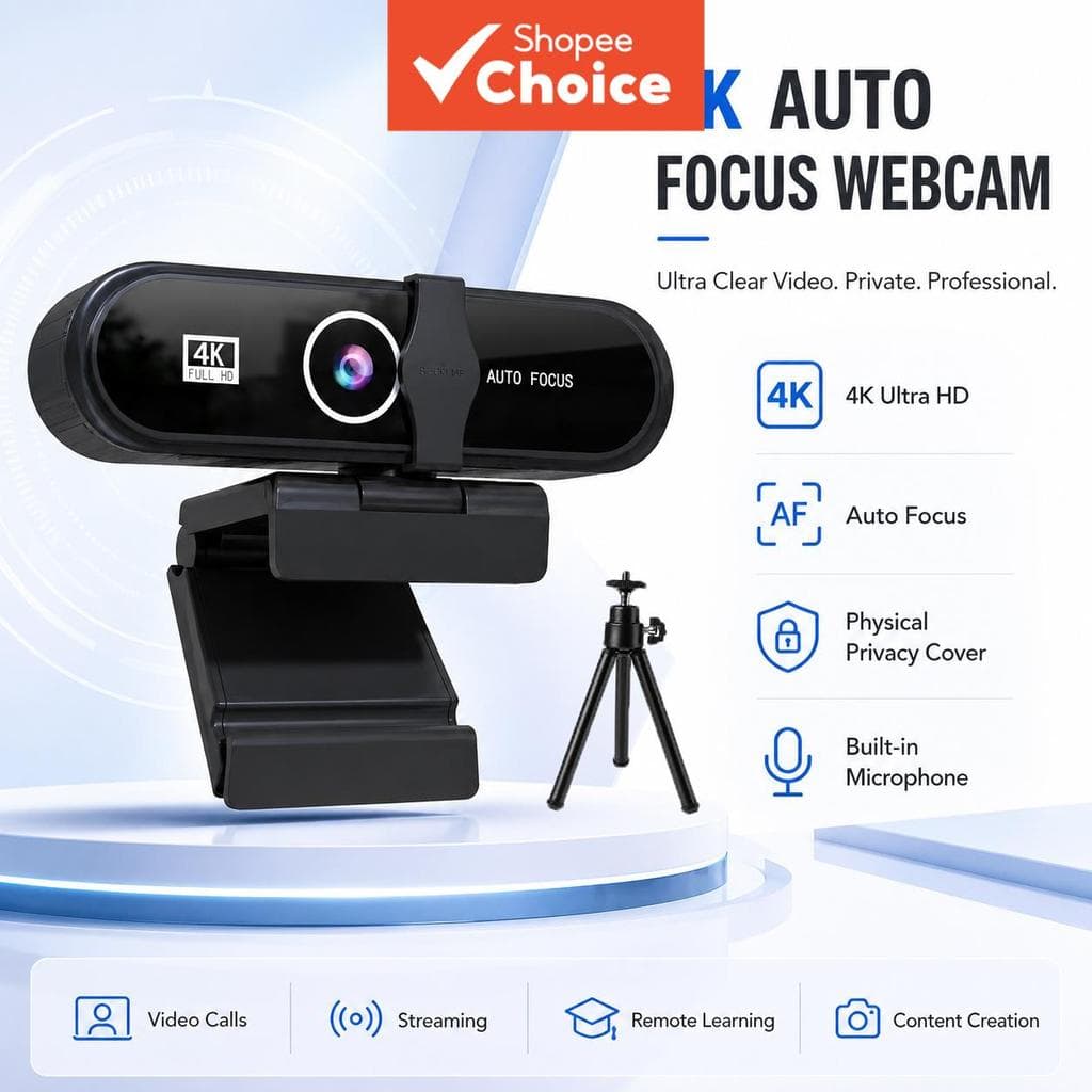Webcam USB 4K com Foco Automático e Microfone com Cancelamento de Ruído, Tampa de Privacidade, Câmera Computador Plug &