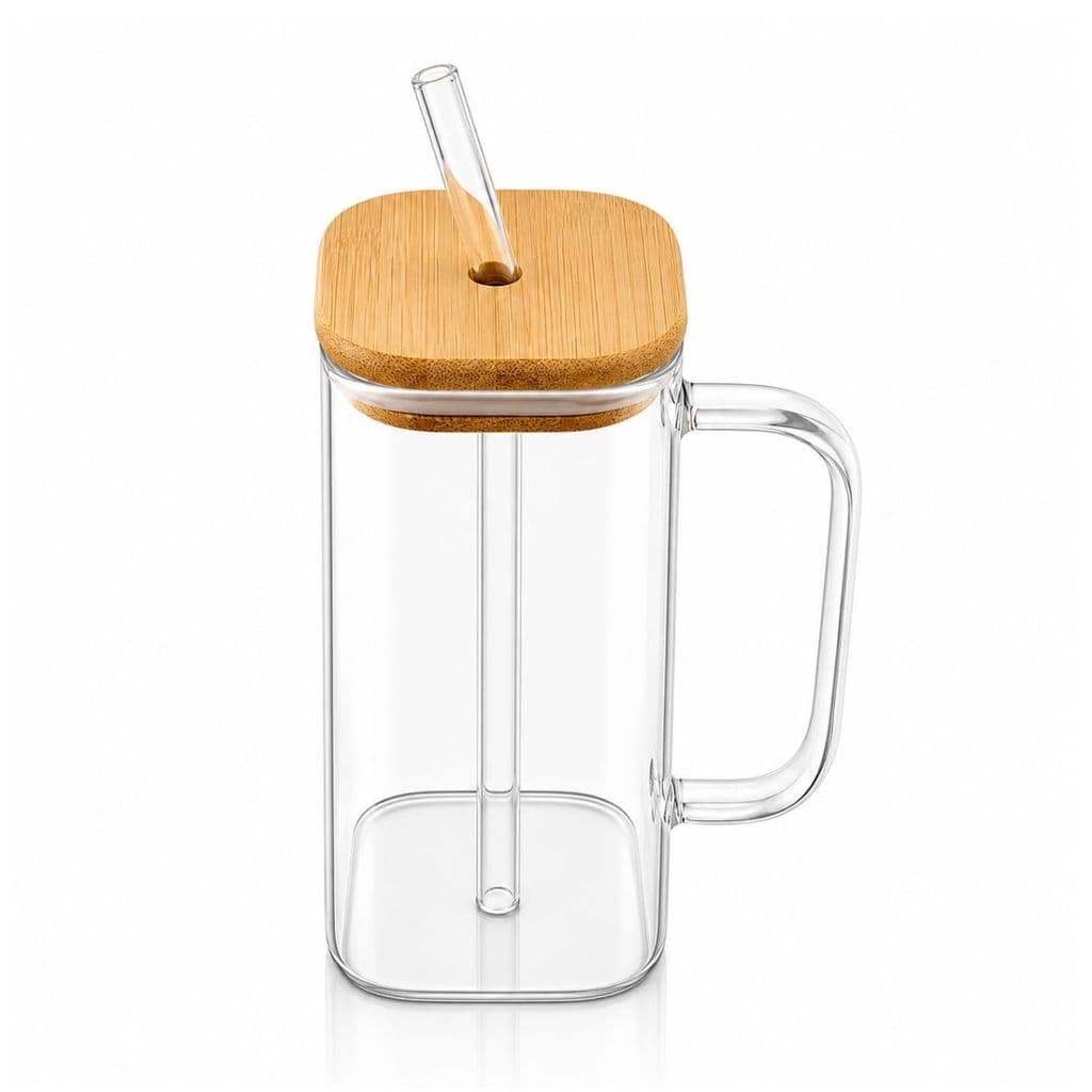 Caneca Copo 360ml Vidro Borossilicato Tampa Bambu Com Canudo