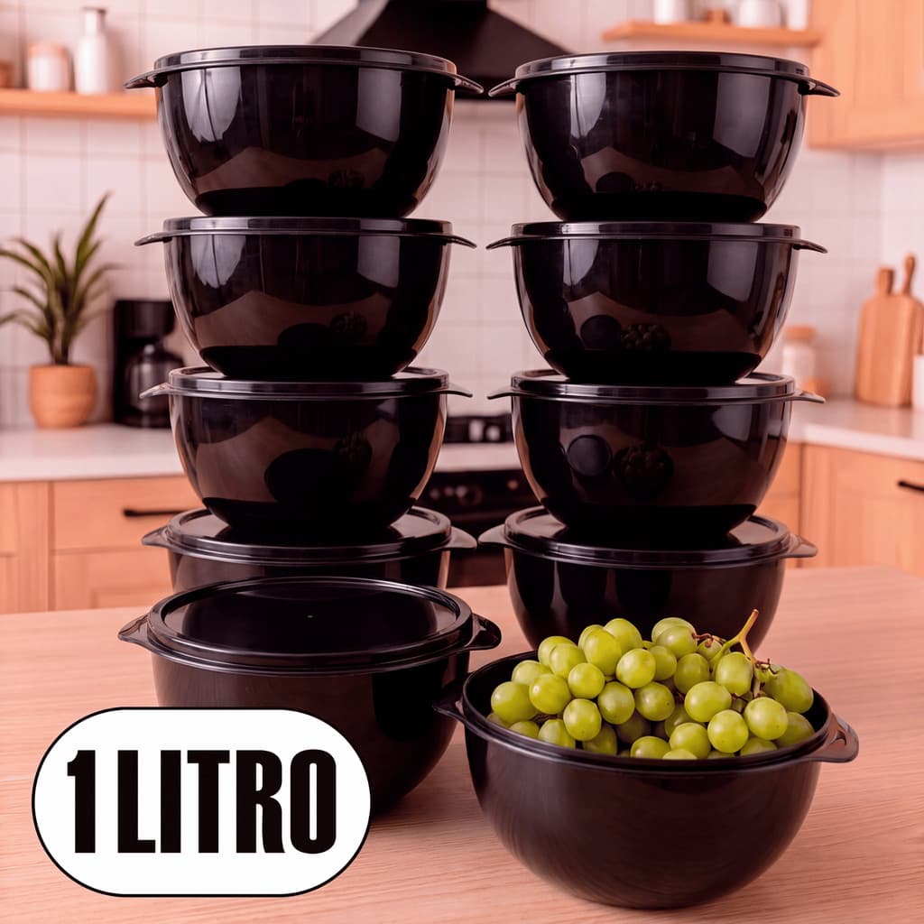 Kit 10 Bowls Preto 1000ml com Tampa Potes Kaziva - Reforçados Cozinha Alimentos e Marmitas Congelador