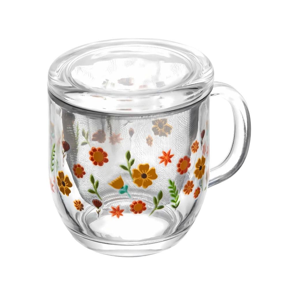 CANECA DE VIDRO COM INFUSOR E TAMPA PRIMAVERA 330ML LYOR