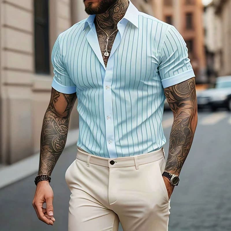Camisa masculina listrada de manga curta masculina Casual camisa solta