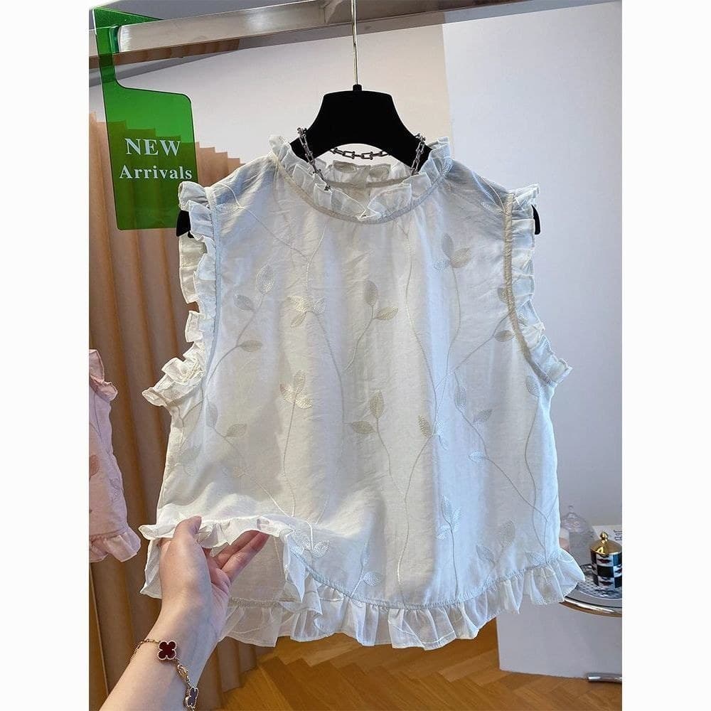 2025 novo estilo High-End estilo suave redução de idade temperamento fungo bordado sem mangas camisa feminina linda cami