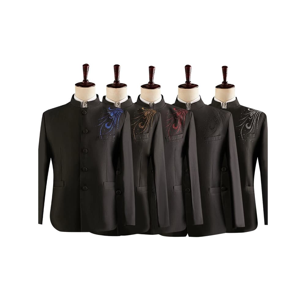 Homens gola alta preto estilo chinês terno chinês anfitrião palco coro desempenho cantor traje