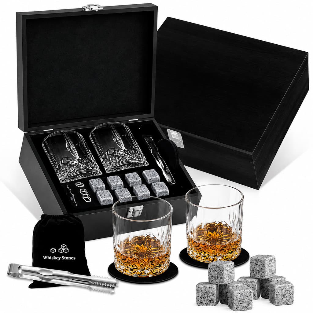 Conjunto Whisky 2 Copos 8 Pedras Gelo Pinça Estojo em Madeira - Preto